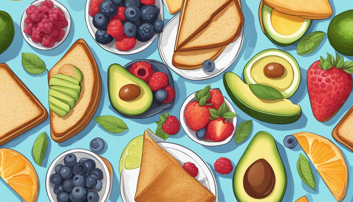 A colorful array of berries, avocados, and toast arranged in various creative and appetizing ways on a breakfast table