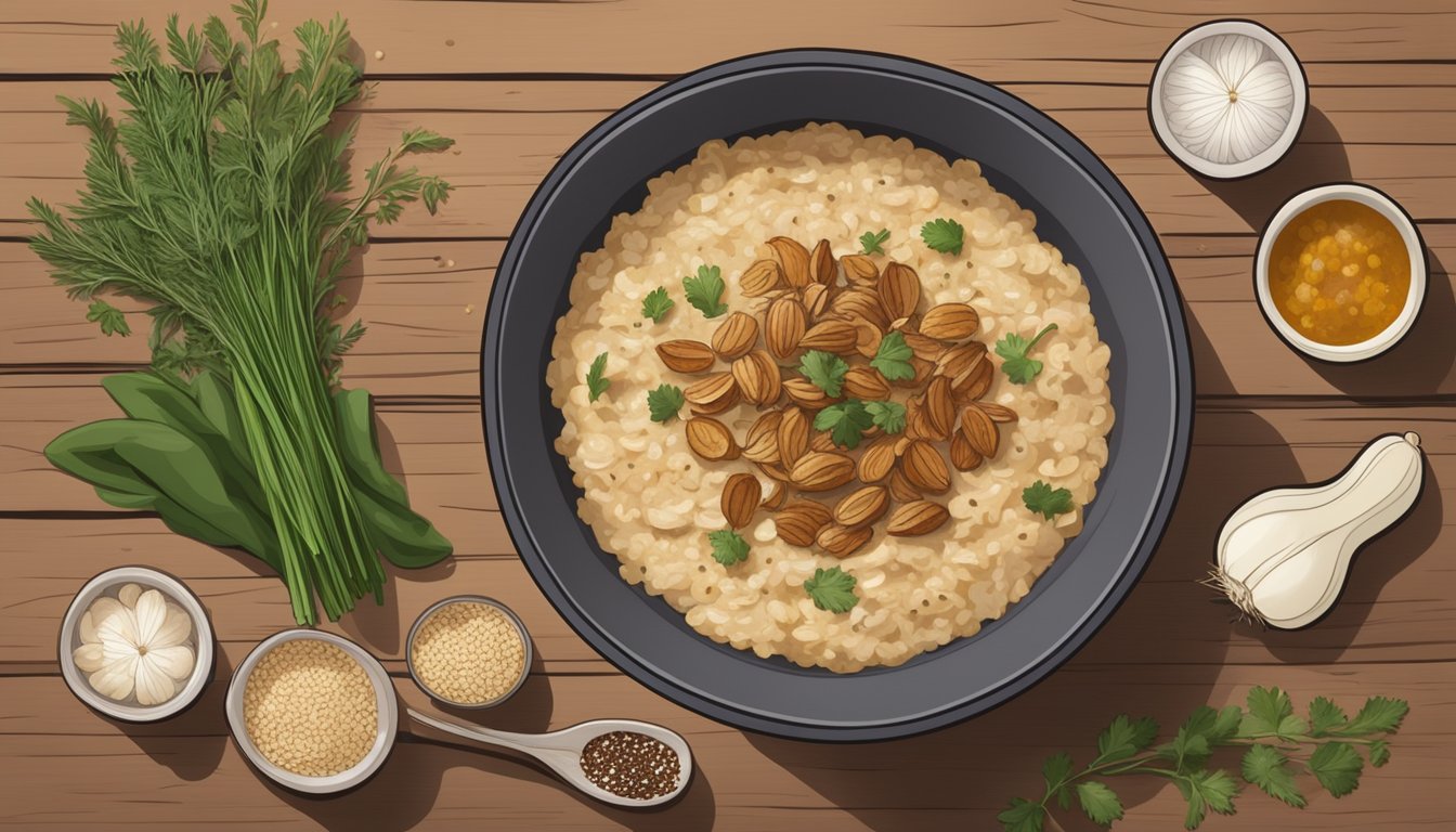 A bowl of savory oatmeal topped with caramelized onions, herbs, and spices sits on a wooden table, surrounded by ingredients like oats, onions, and seasonings