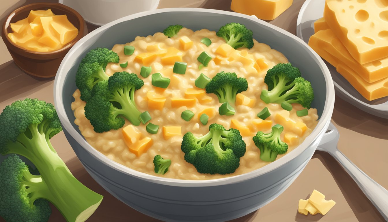 A bowl of savory oatmeal topped with steamed broccoli florets and melted cheddar cheese