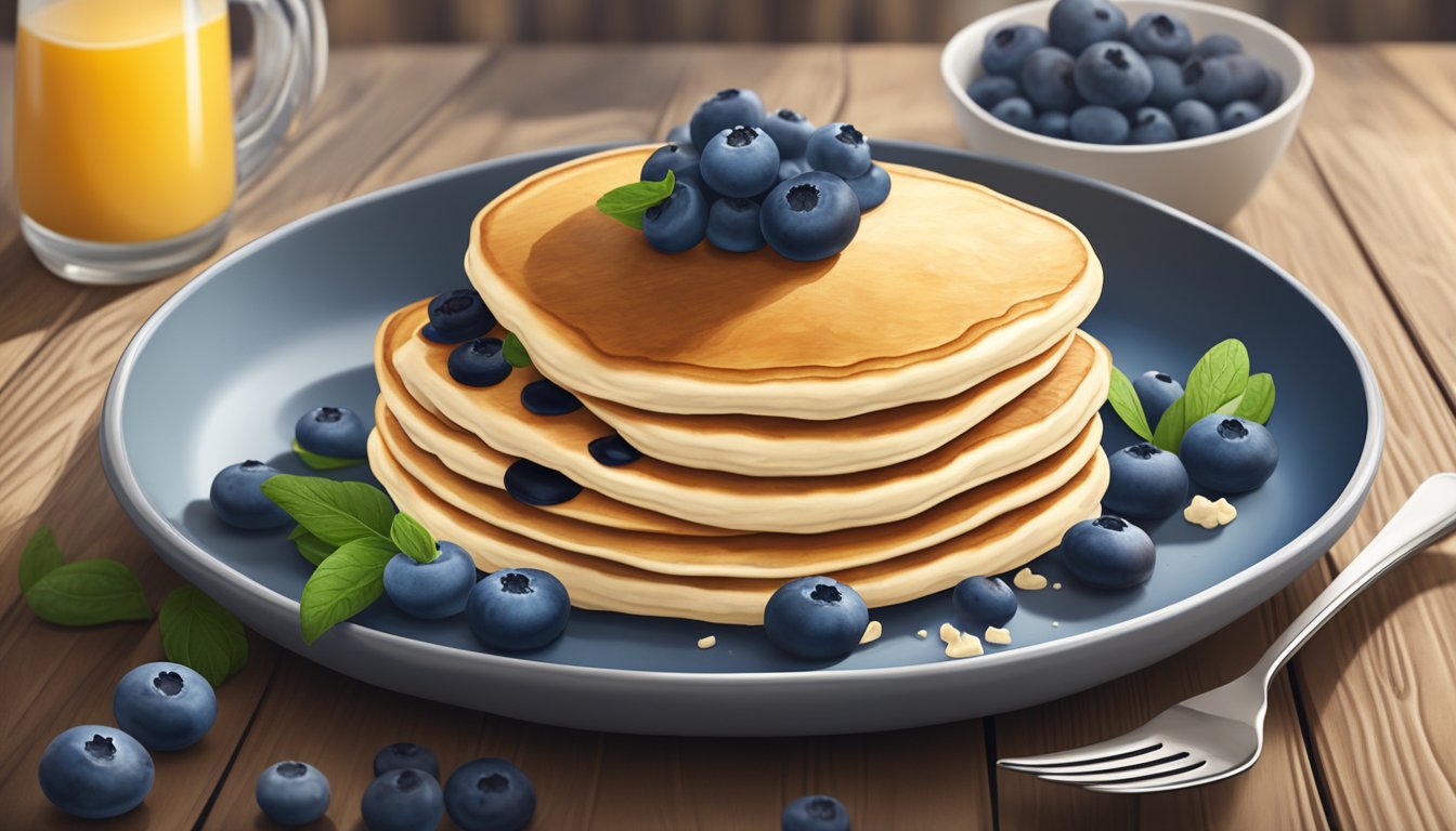 A stack of fluffy cottage cheese pancakes topped with fresh blueberries on a rustic wooden table, surrounded by ingredients like eggs, cottage cheese, and blueberries