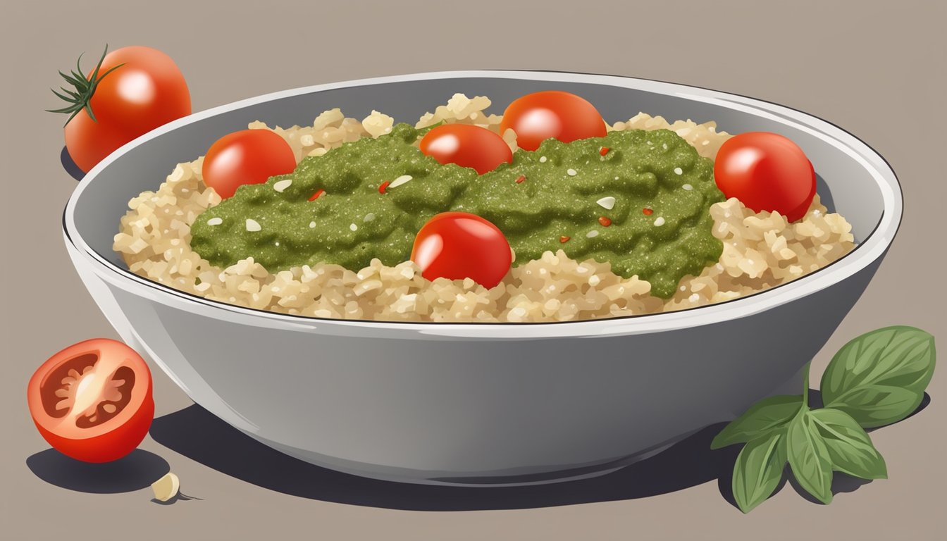 A bowl of savory oatmeal topped with pesto and cherry tomatoes, surrounded by ingredients like garlic, herbs, and olive oil