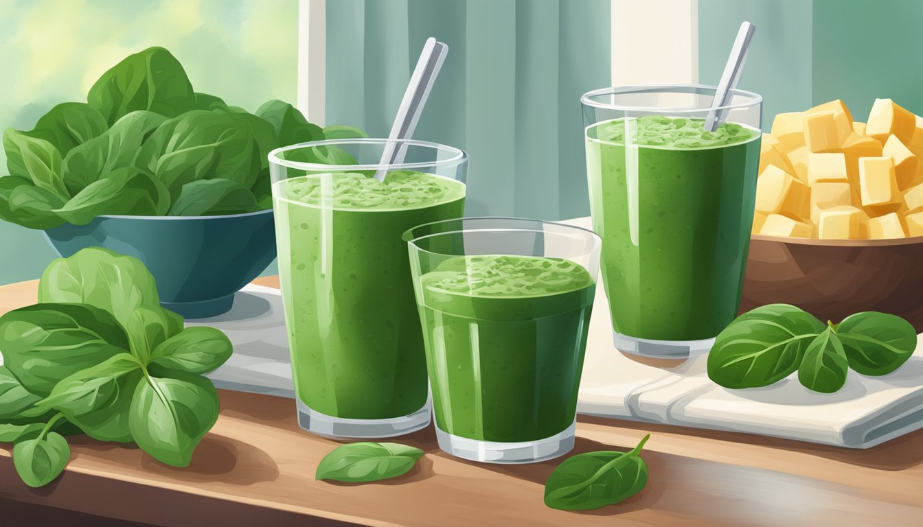 A glass of green smoothie surrounded by fresh spinach leaves and a container of cottage cheese, with a breakfast table setting in the background