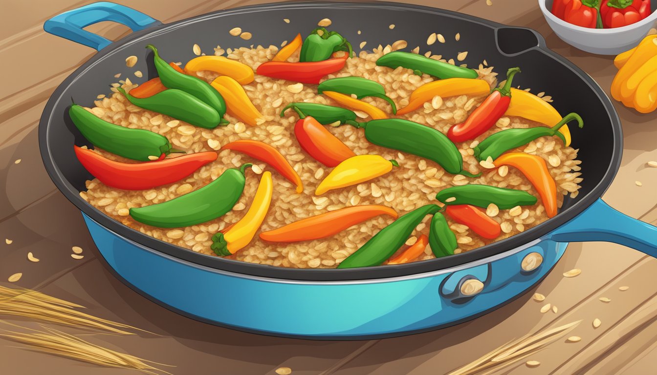 A colorful array of sautéed bell peppers and oats in a sizzling pan, emitting a savory aroma