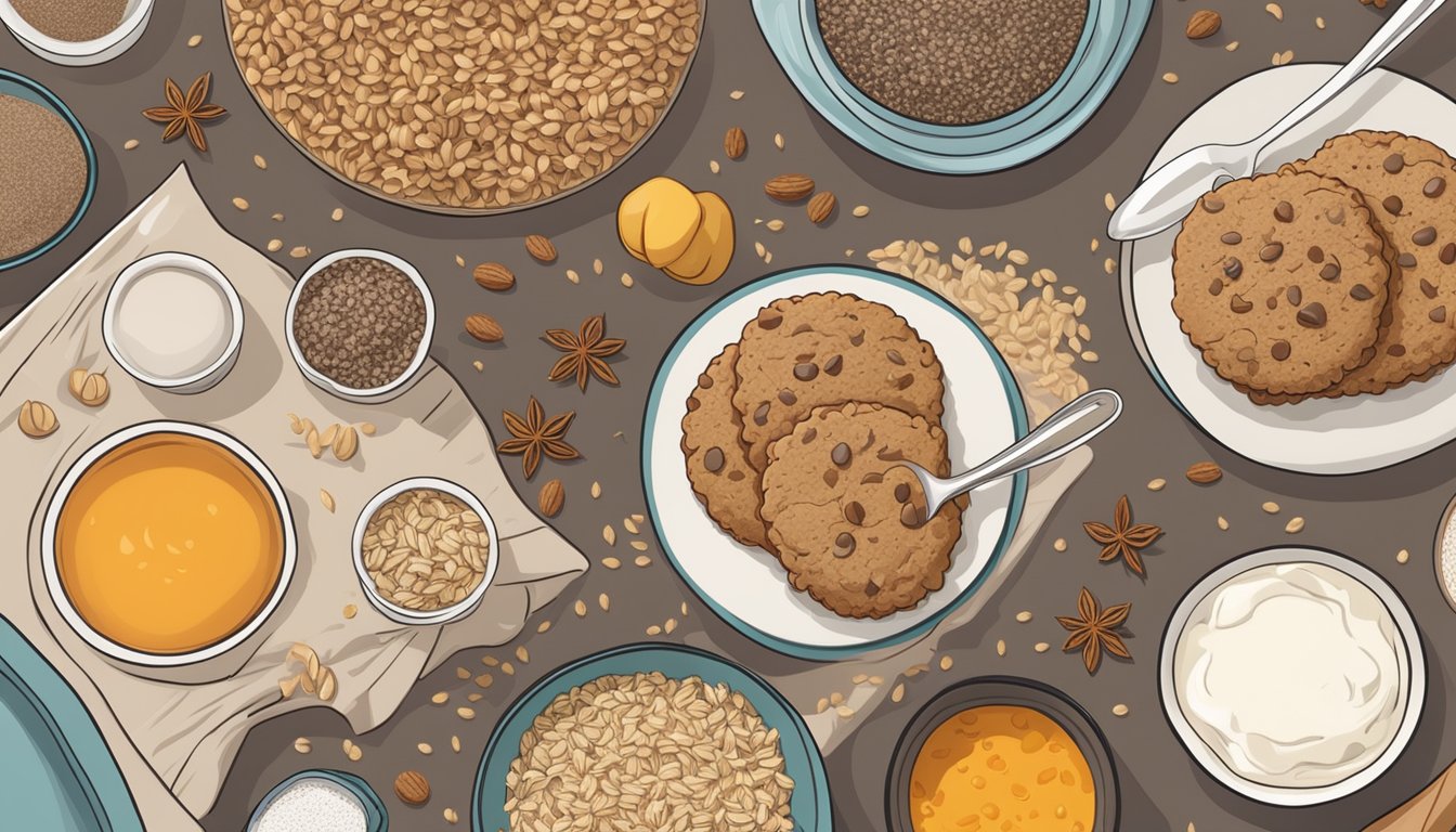 A kitchen counter with a plate of oatmeal chia breakfast cookies surrounded by ingredients like oats, chia seeds, and cinnamon