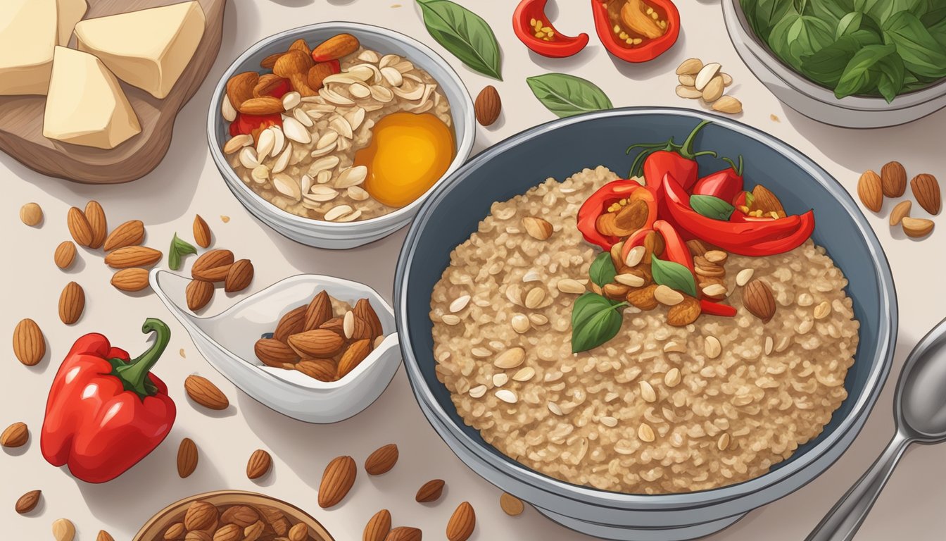 A bowl of savory oatmeal with roasted red peppers, surrounded by various diabetic-friendly ingredients like nuts, herbs, and spices