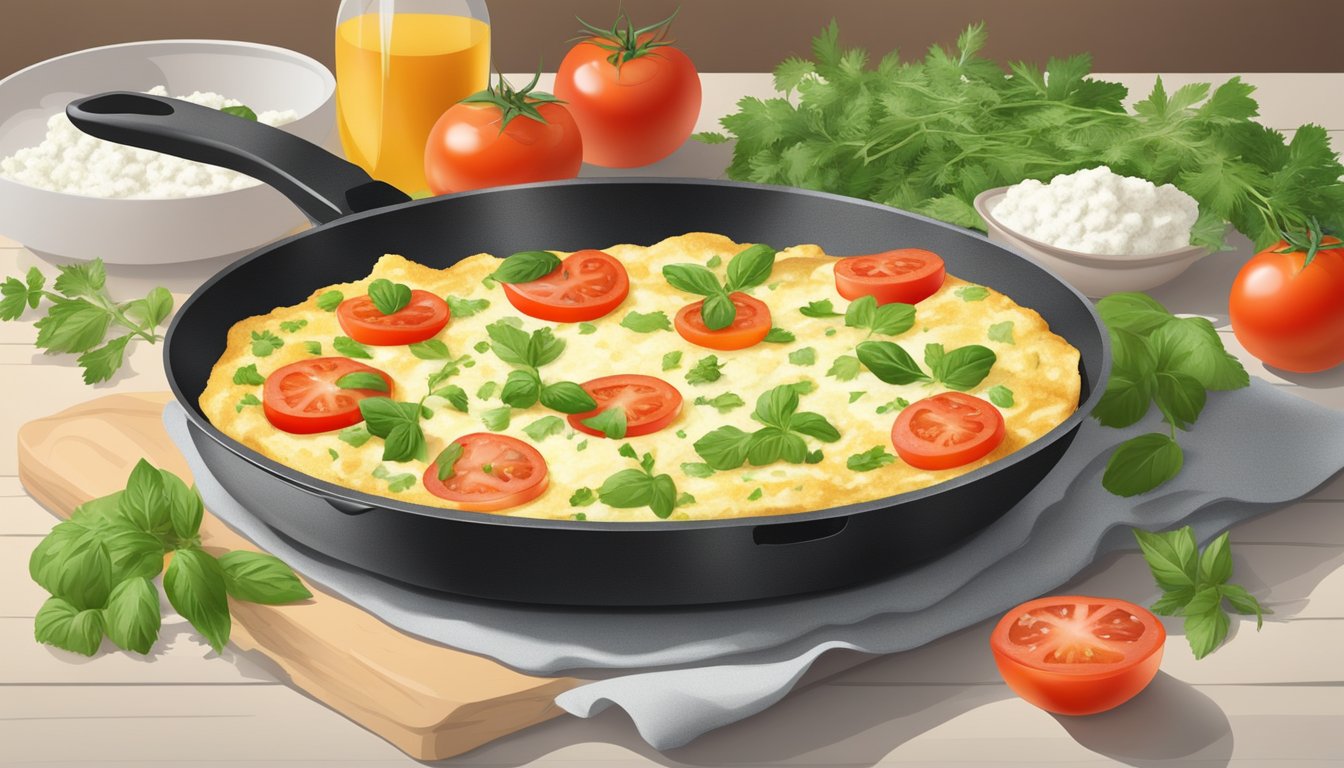 A cottage cheese omelette sizzling in a pan with fresh tomatoes and herbs on a breakfast table