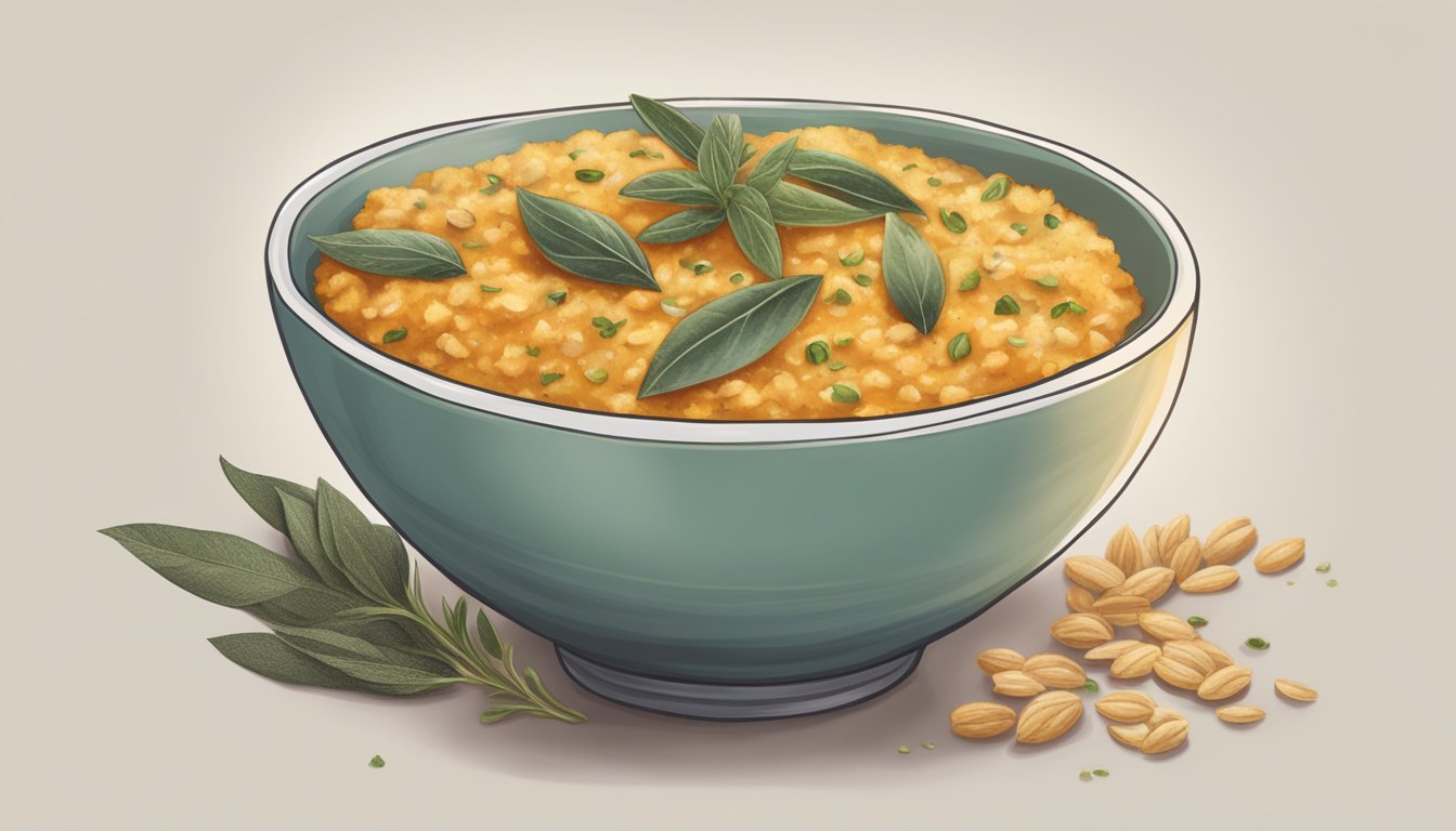 A steaming bowl of savory oatmeal with pumpkin and sage, topped with a sprinkle of herbs and spices