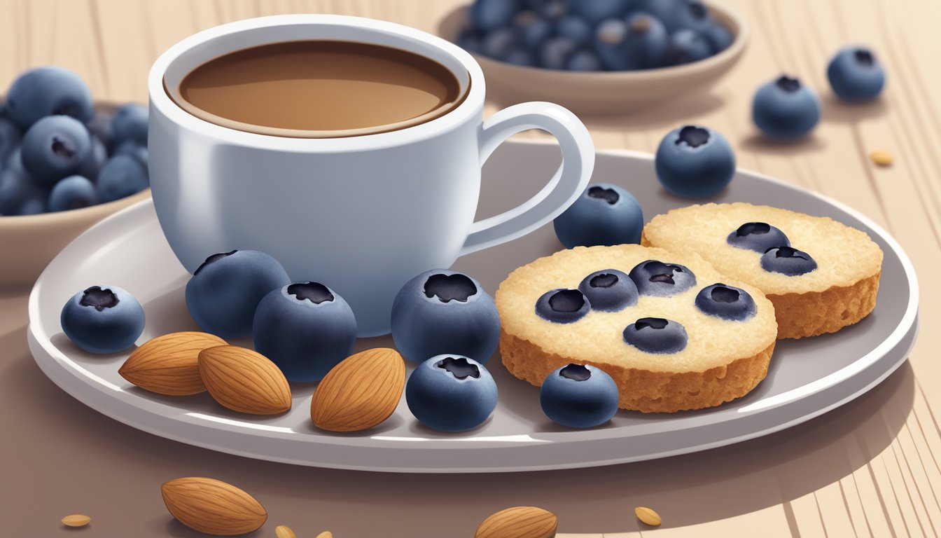 A plate of almond flour blueberry bites surrounded by fresh blueberries and almonds. A cup of coffee sits next to the plate