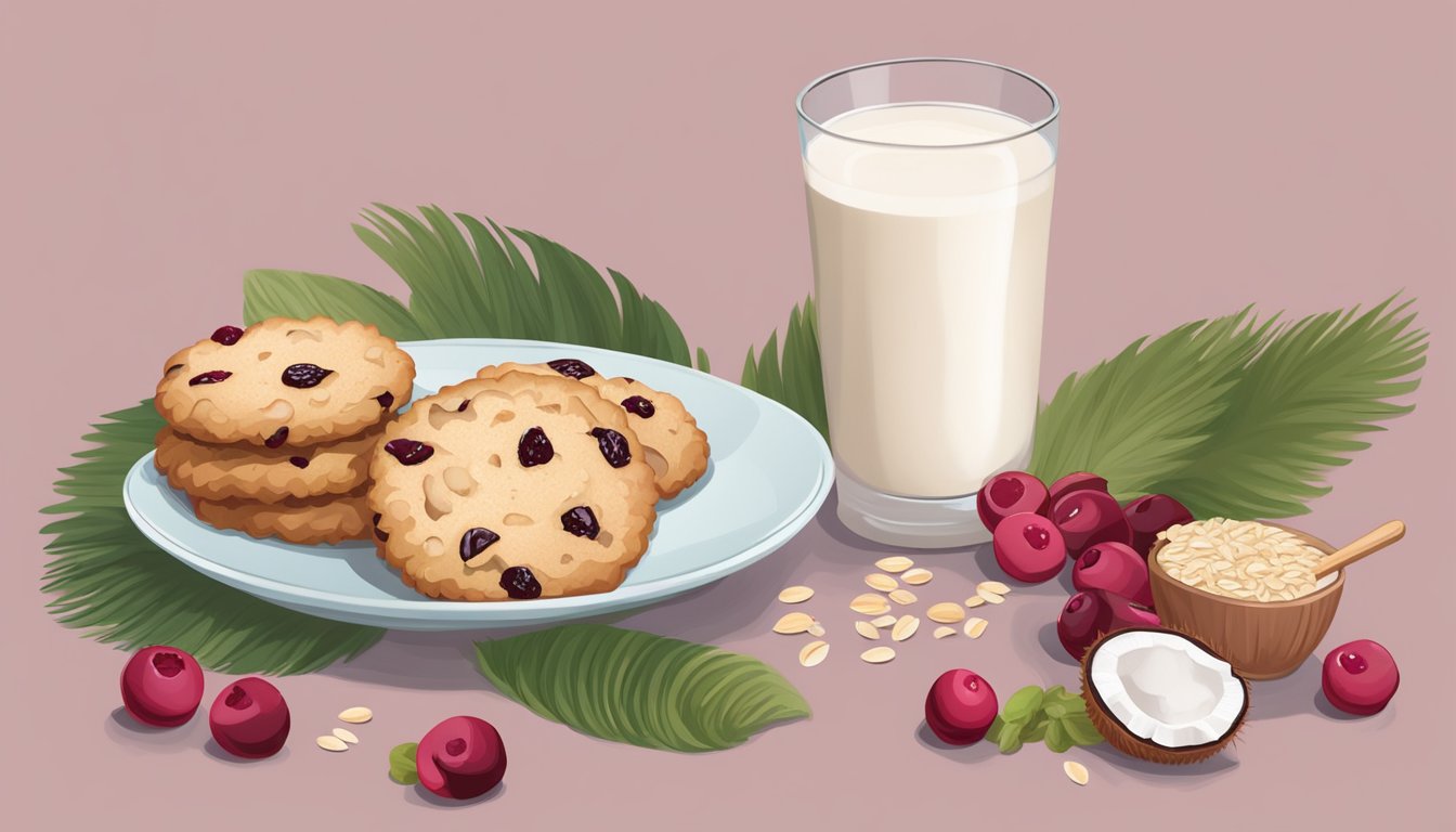 A plate of coconut cranberry cookies surrounded by ingredients like coconut flakes, cranberries, and oats. A glass of almond milk sits beside the plate