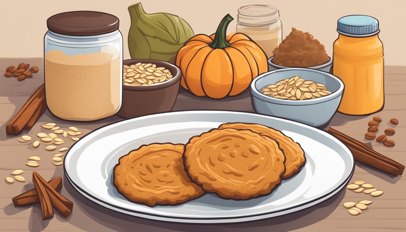 A plate of pumpkin spice protein cookies surrounded by ingredients like oats, pumpkin puree, and protein powder