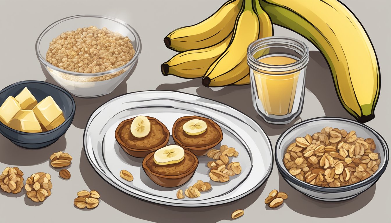 A table set with a plate of banana walnut breakfast bites surrounded by ingredients like bananas, walnuts, oats, and honey