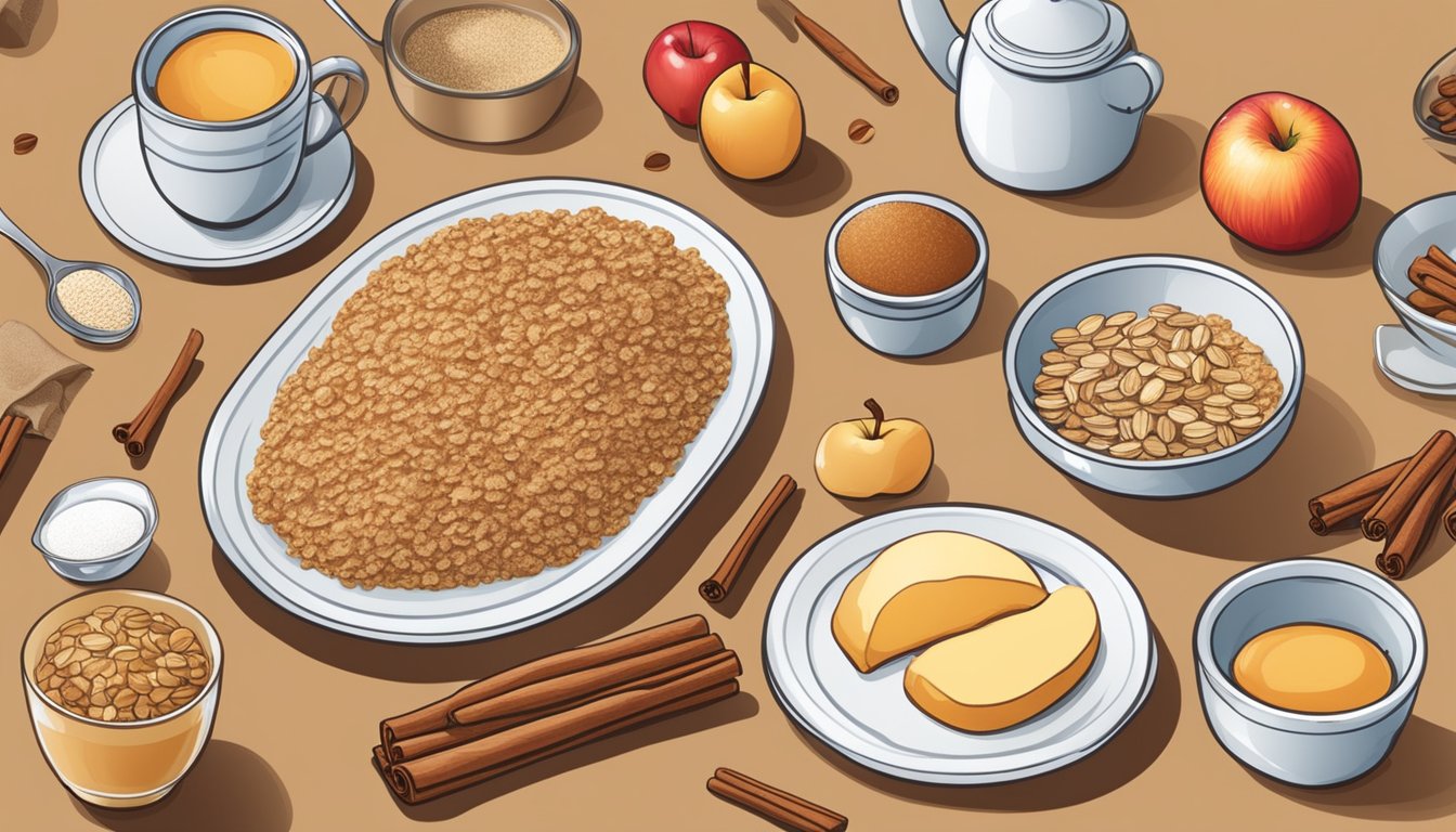 A table set with a plate of cinnamon apple breakfast rounds surrounded by ingredients like oats, apples, and cinnamon