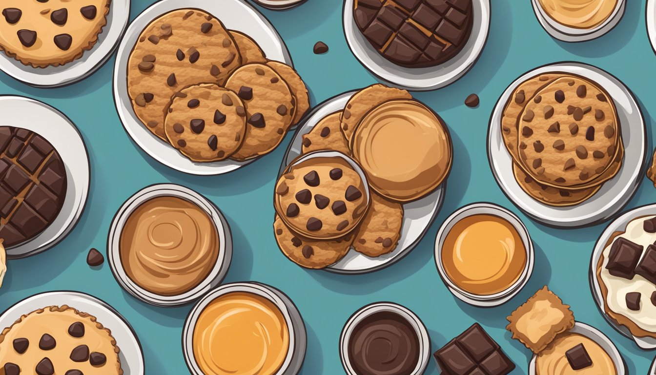 A table filled with a variety of colorful and appetizing breakfast cookies, featuring peanut butter and dark chocolate, arranged neatly on a plate