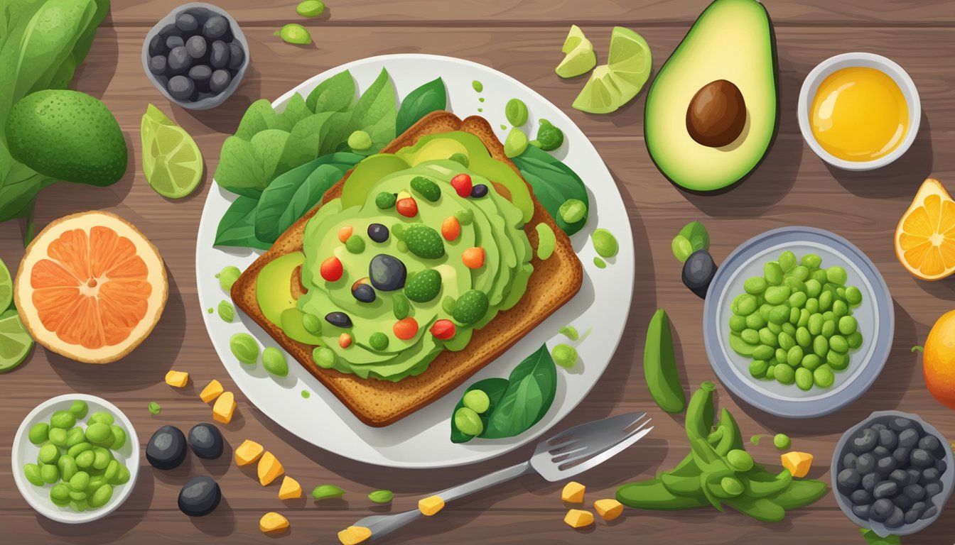 A plate of avocado toast topped with edamame, surrounded by colorful fruits and vegetables on a wooden table