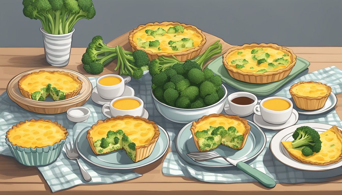 A table set with seven individual broccoli and cheddar quiche cups, surrounded by fresh ingredients and a cozy breakfast setting