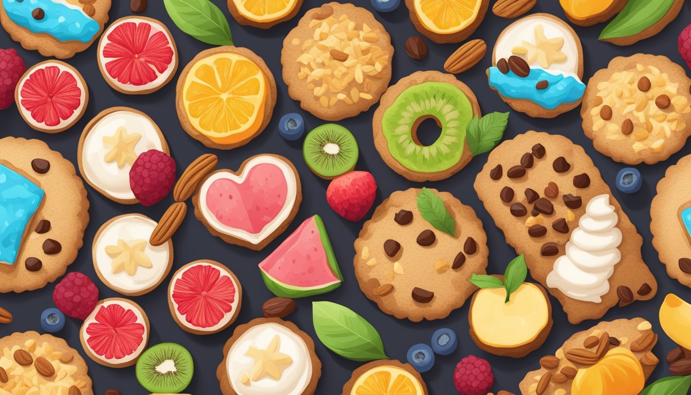 A colorful array of freshly baked cookies, surrounded by a variety of nutritious ingredients such as oats, nuts, and fruits, with a focus on the health benefits for diabetic individuals