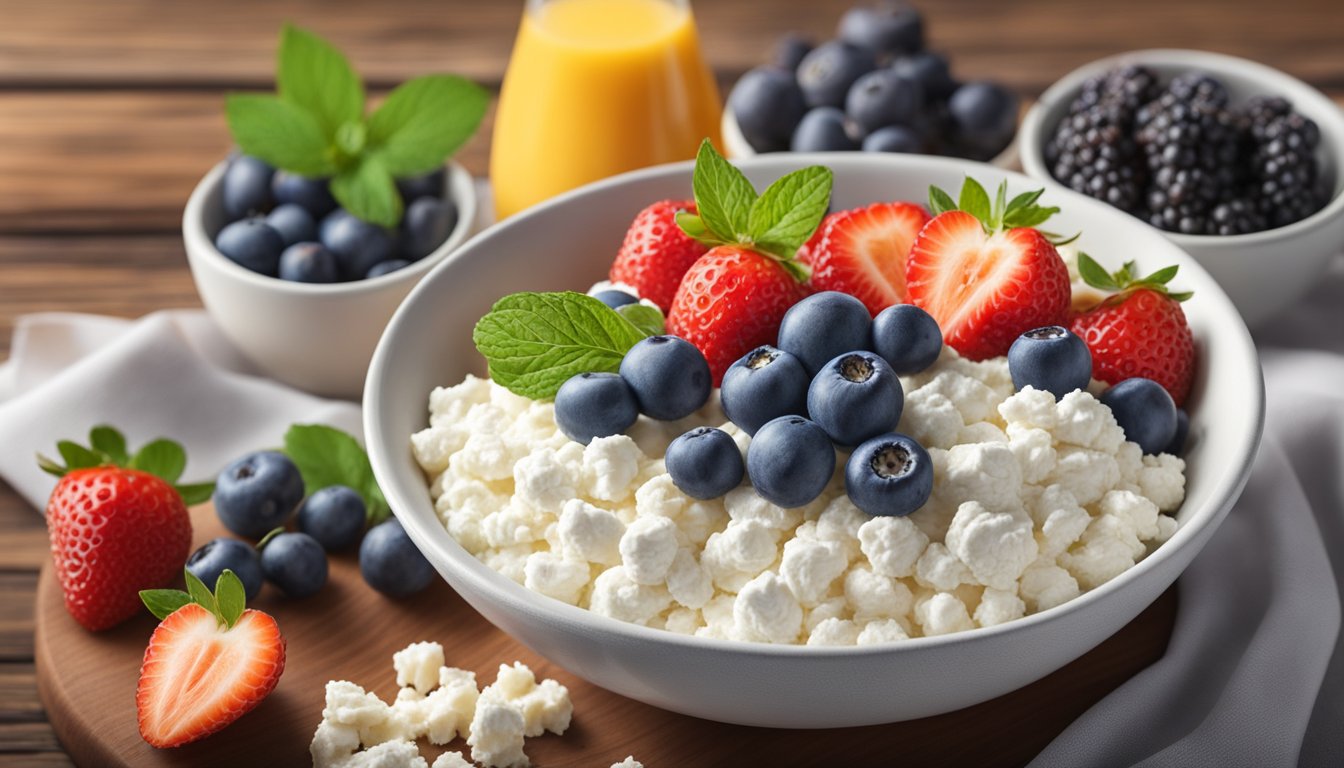 A bowl of cottage cheese topped with fresh berries sits on a wooden table, surrounded by a variety of high-protein vegetarian breakfast ingredients