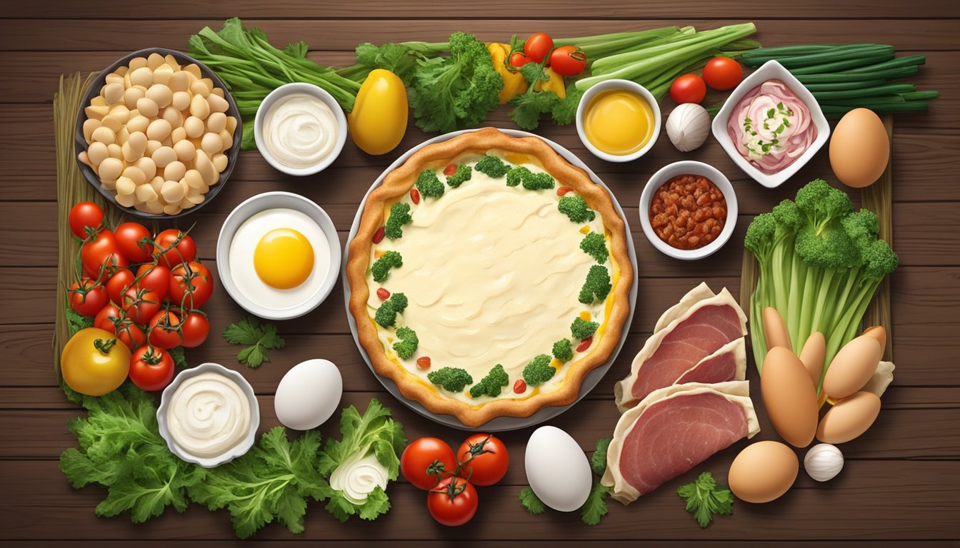 A colorful array of fresh ingredients like turkey bacon, egg whites, and vegetables arranged around a freshly baked quiche on a rustic wooden table