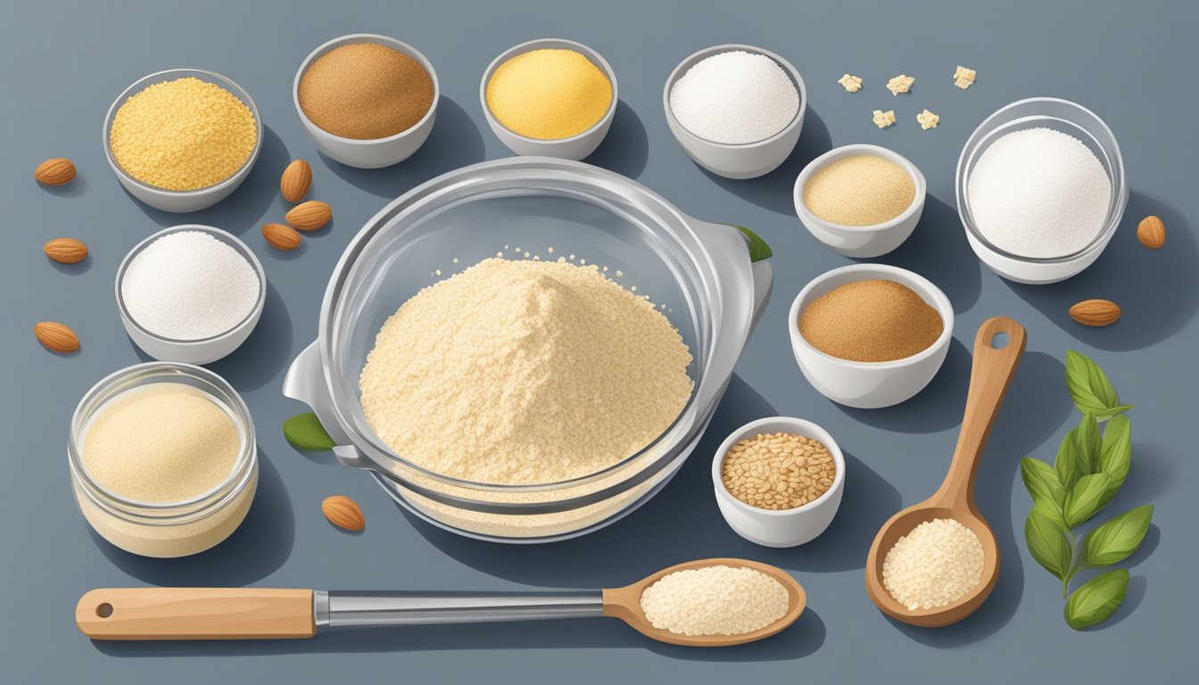 A kitchen counter with assorted ingredients like almond flour, oats, and sugar substitutes, along with measuring cups and spoons, arranged for baking