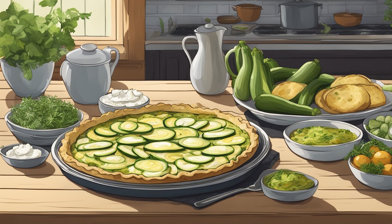 A rustic kitchen table with a platter of zucchini and goat cheese quiches, surrounded by fresh ingredients like eggs, zucchinis, and herbs