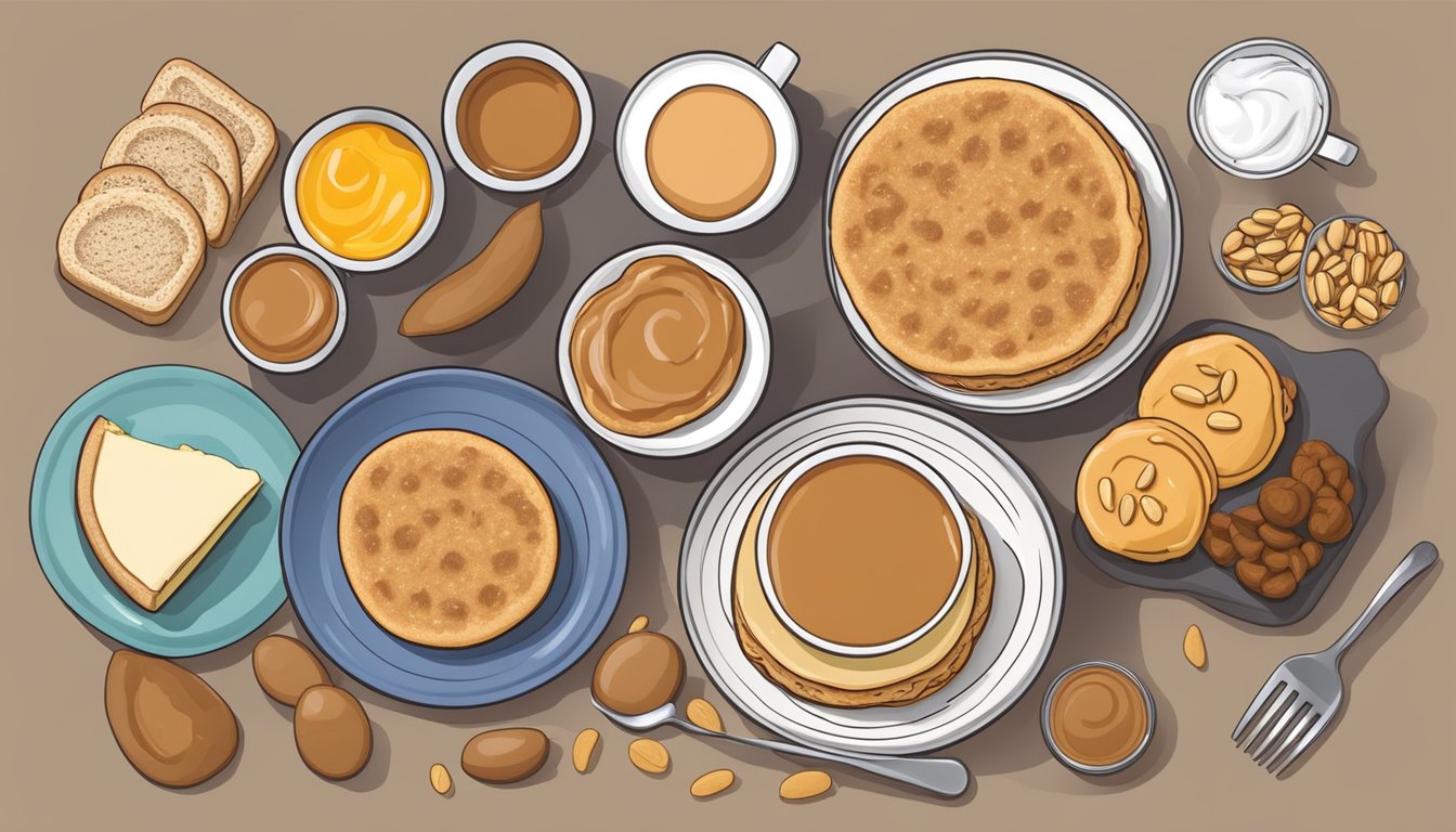 A whole wheat English muffin topped with peanut butter, surrounded by high-protein vegetarian breakfast items