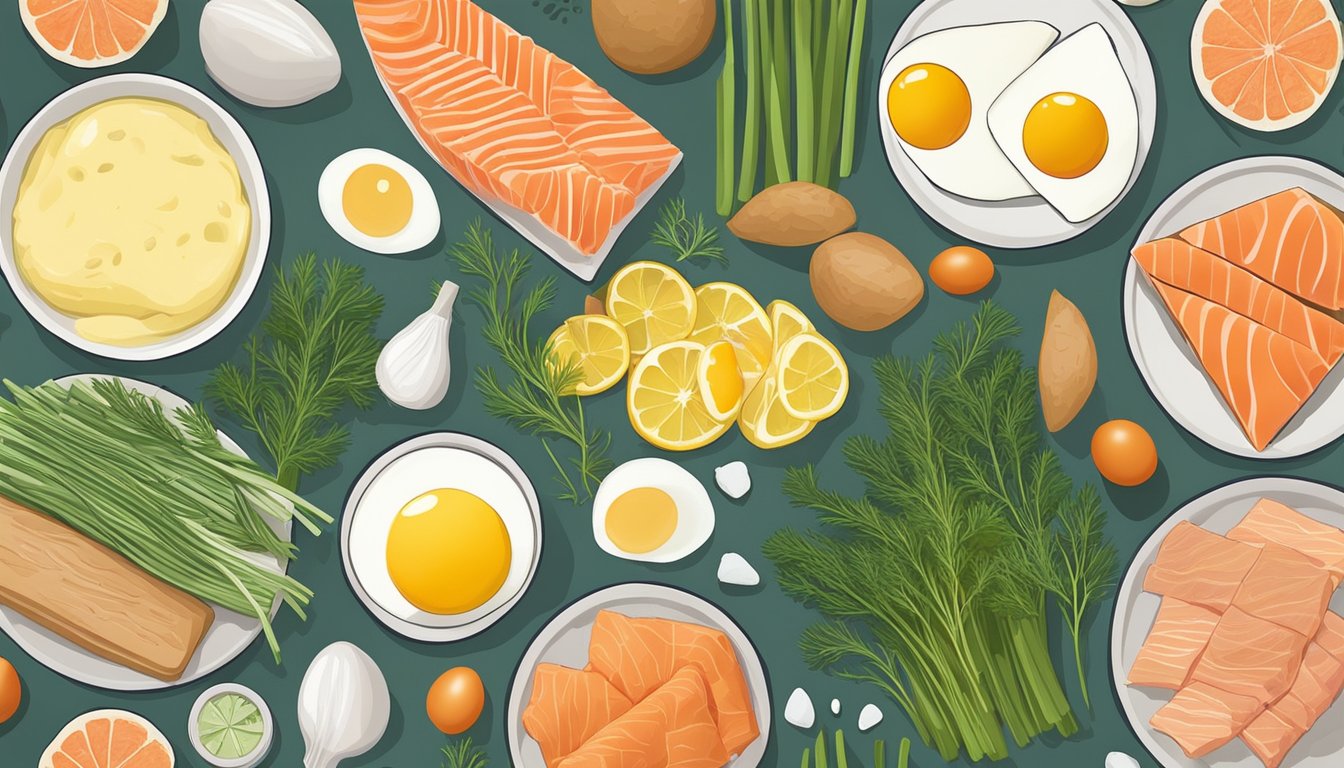 A colorful array of fresh ingredients, including smoked salmon, dill, and eggs, arranged on a kitchen counter, ready to be used in a diabetic-friendly breakfast quiche recipe