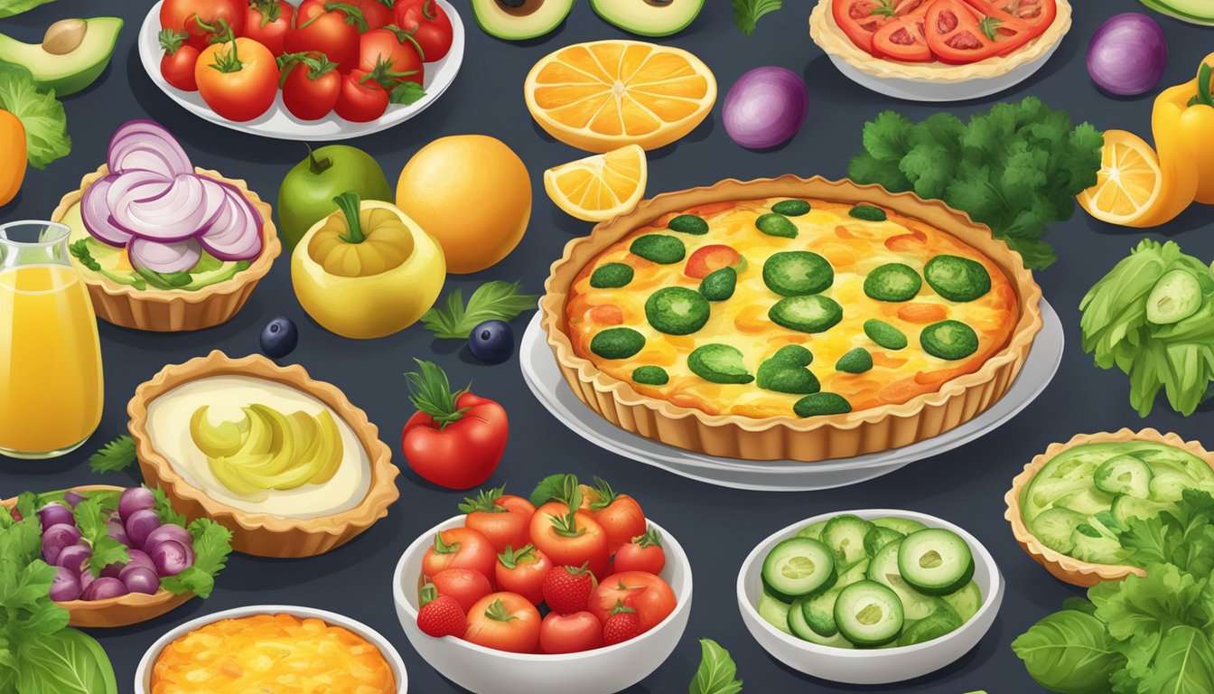 A colorful array of quiches surrounded by fresh vegetables and fruits, highlighting their diabetic-friendly ingredients and nutritional benefits