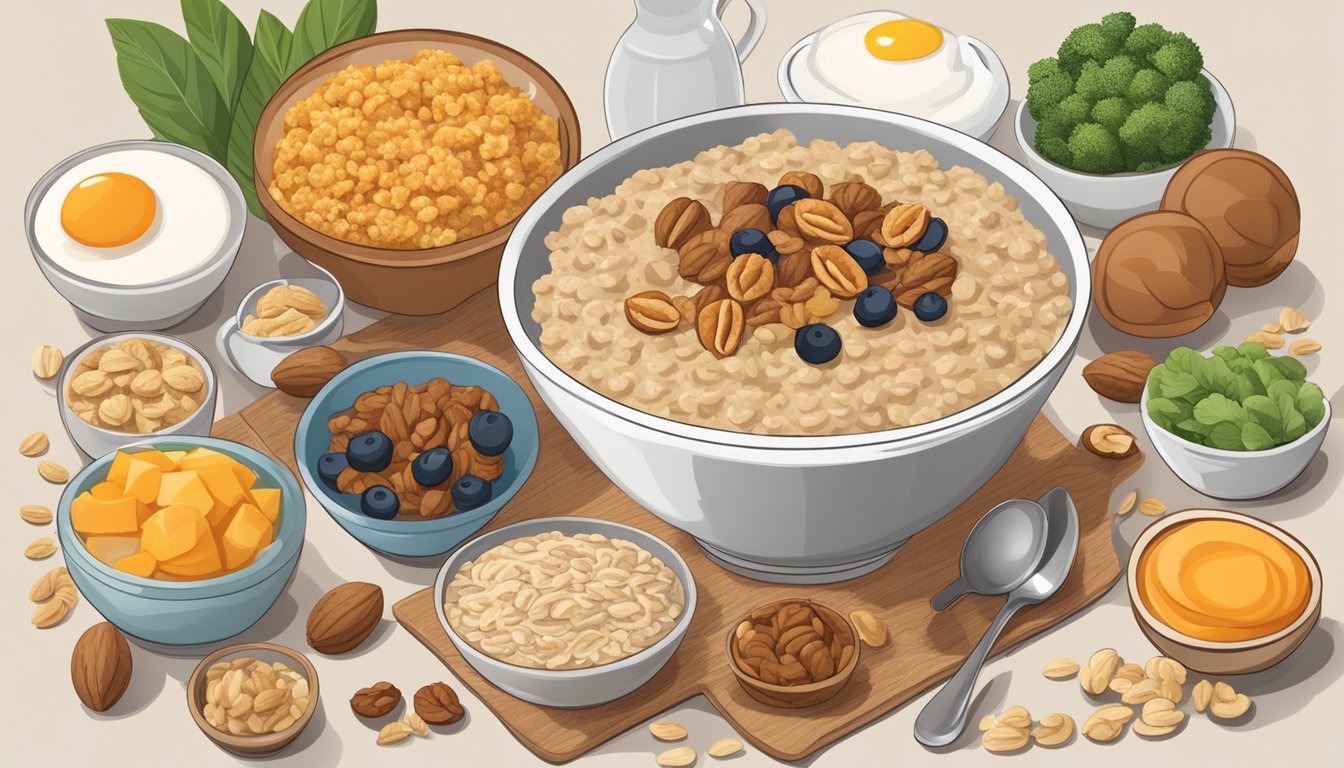 A bowl of oatmeal topped with walnuts, surrounded by a variety of high-protein vegetarian breakfast items