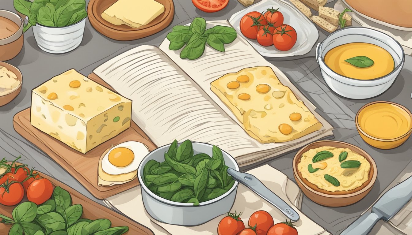 A kitchen counter with various ingredients such as eggs, spinach, tomatoes, and cheese laid out, along with a recipe book open to a page on diabetic-friendly quiches