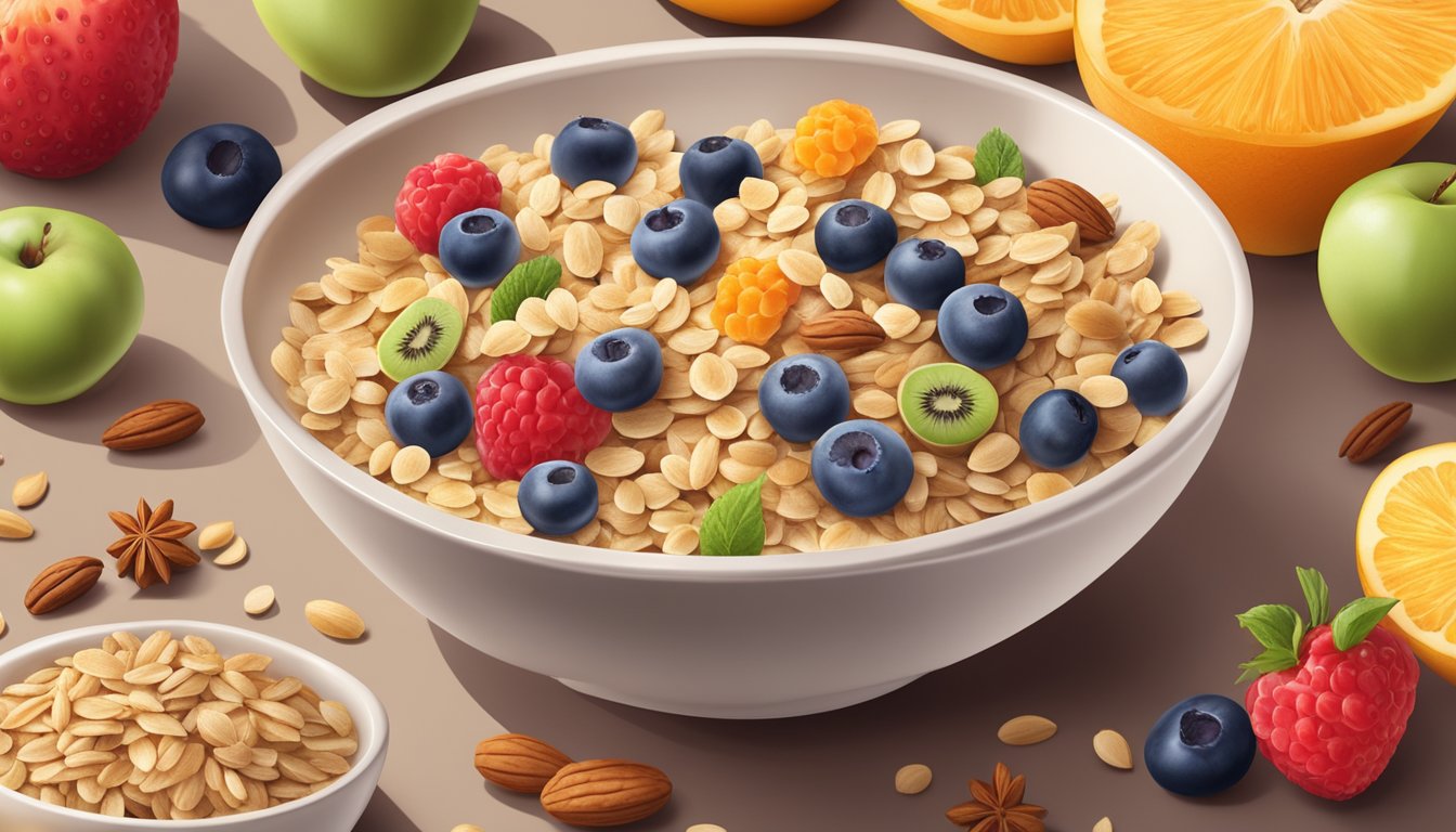 A bowl of oat crunch cereal surrounded by a variety of high-fiber ingredients like fruits, nuts, and seeds on a kitchen table