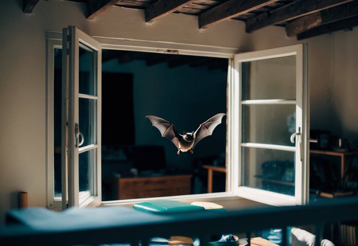 A bat flies through an open window into a dimly lit room with exposed rafters and cluttered furniture