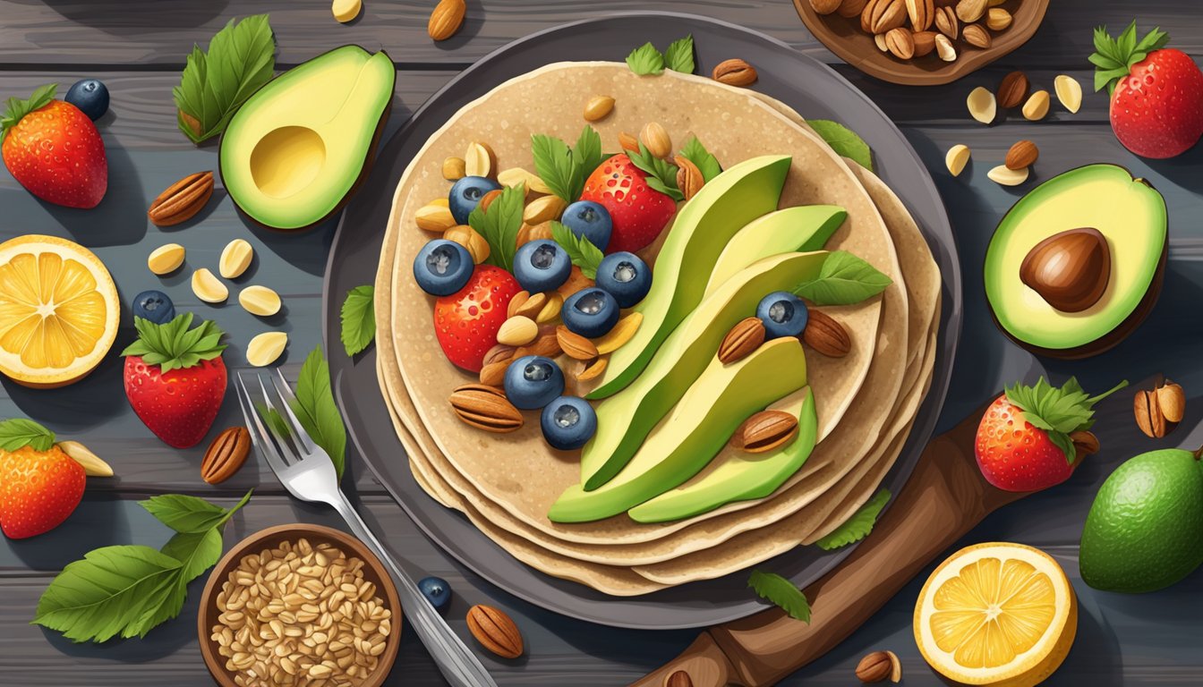 A plate of buckwheat crepes topped with sliced avocado, surrounded by colorful fruits and nuts, set on a rustic wooden table