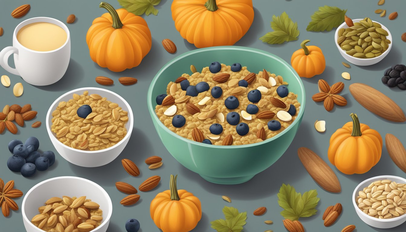 A bowl of pumpkin seed granola surrounded by various high-protein vegetarian breakfast ingredients like nuts, seeds, and fresh fruits