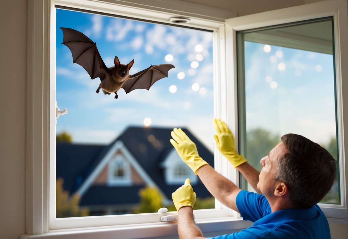 A bat flying out of an open window, while a person seals off potential entry points in the house