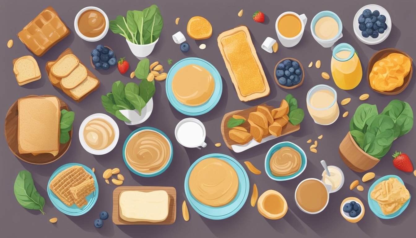 A colorful array of breakfast items, including a peanut butter smoothie with spinach, is spread out on a table, showcasing 13 different ways to incorporate peanut butter into a diabetic-friendly morning meal