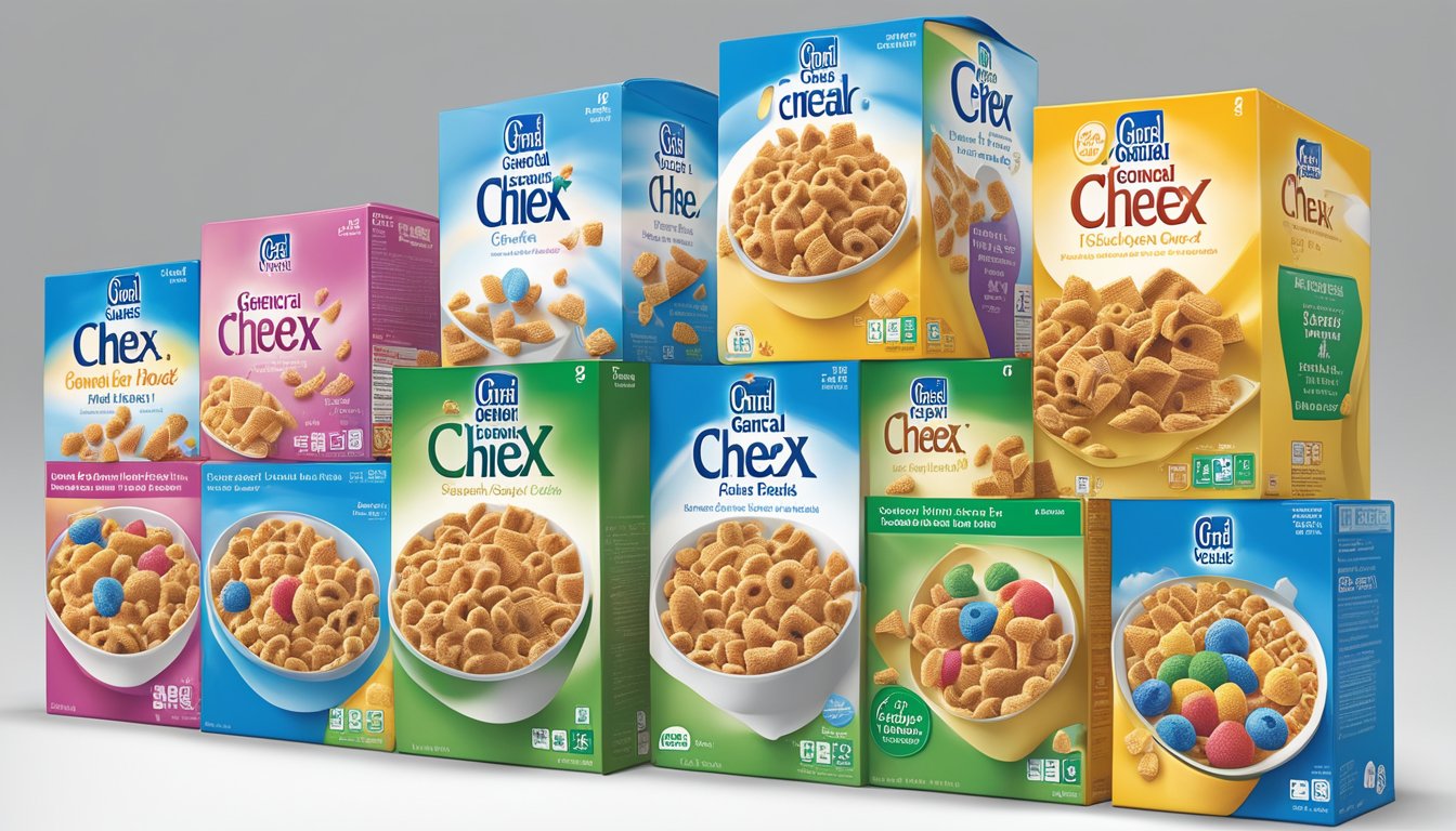 A colorful array of 10 boxes of General Mills Multi Bran Chex cereal, each featuring a different high-fiber option for diabetics