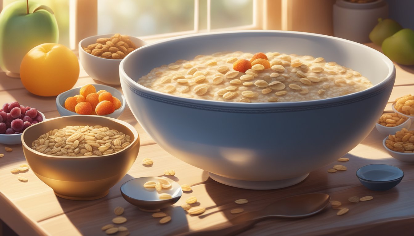 A bowl of oatmeal surrounded by various high-fiber cereal options, including grains and fruits, on a wooden table. Sunlight streams in through a nearby window, casting a warm glow on the scene