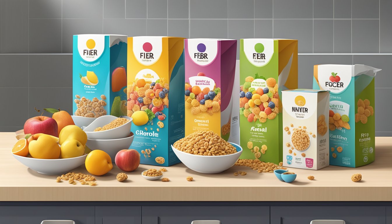 A colorful array of high-fiber cereal boxes arranged on a kitchen countertop, with various fruits and a measuring cup nearby