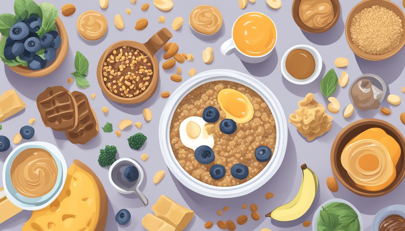 A breakfast bowl filled with quinoa, topped with a swirl of peanut butter, surrounded by various diabetic-friendly breakfast ingredients