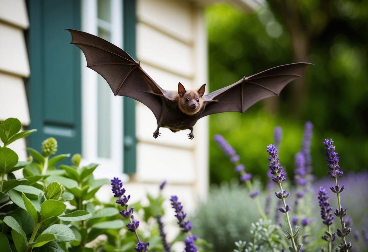 A bat flying away from a house surrounded by strong-smelling plants like mint, eucalyptus, and lavender