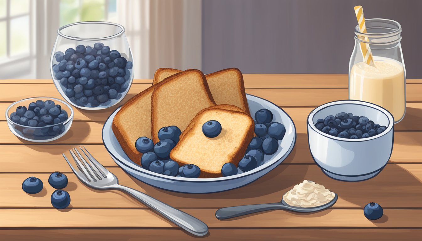 A bowl of blueberry oatmeal batter sits next to five slices of diabetic-friendly French toast on a wooden table