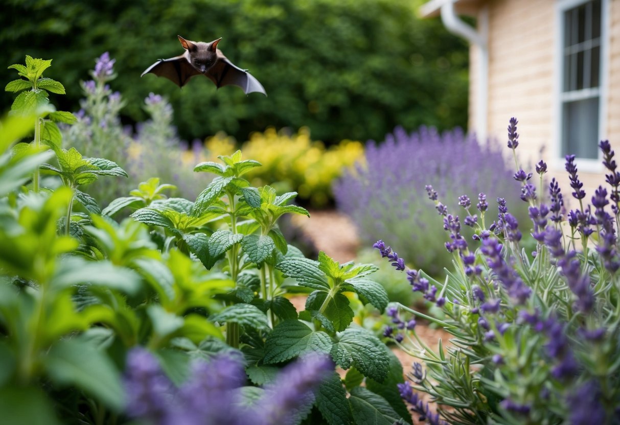 A garden filled with fragrant herbs like mint and lavender, with a bat flying away from the house