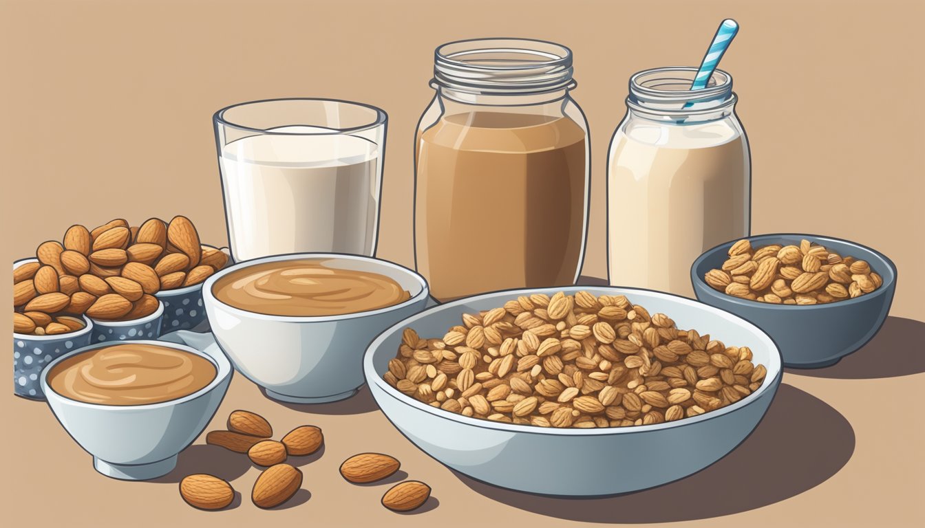 A bowl of peanut butter granola sits next to a pitcher of almond milk. Various breakfast items are arranged around the bowl, showcasing different ways to incorporate peanut butter into a diabetic-friendly meal