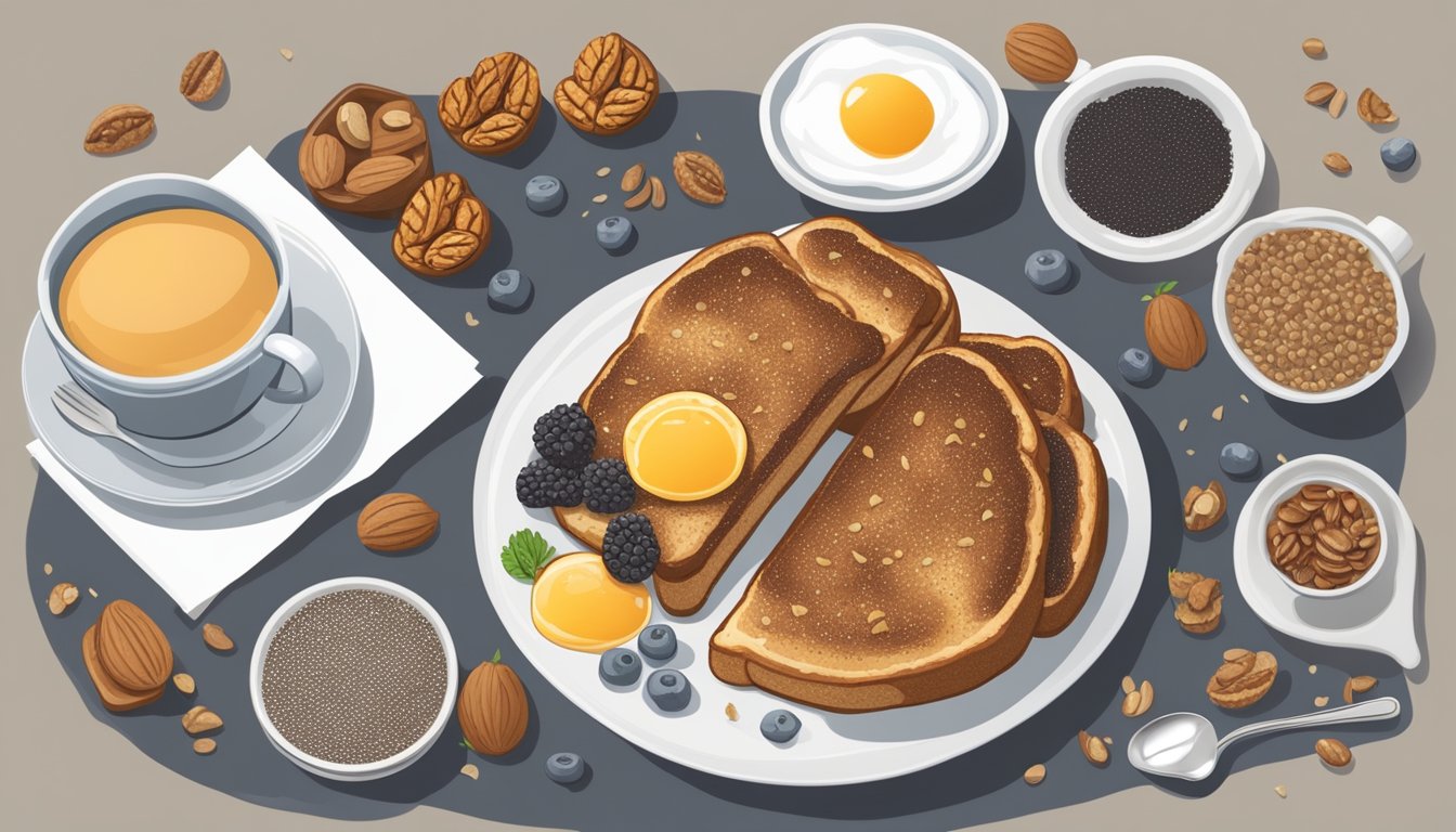 A breakfast table set with a plate of chia seed walnut French toast, surrounded by ingredients and a recipe book