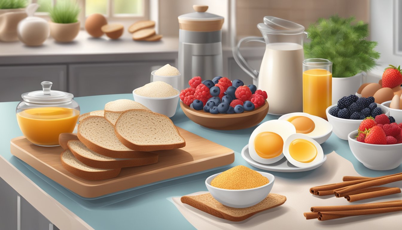 A kitchen counter with a variety of diabetic-friendly ingredients such as whole grain bread, eggs, cinnamon, and fresh berries