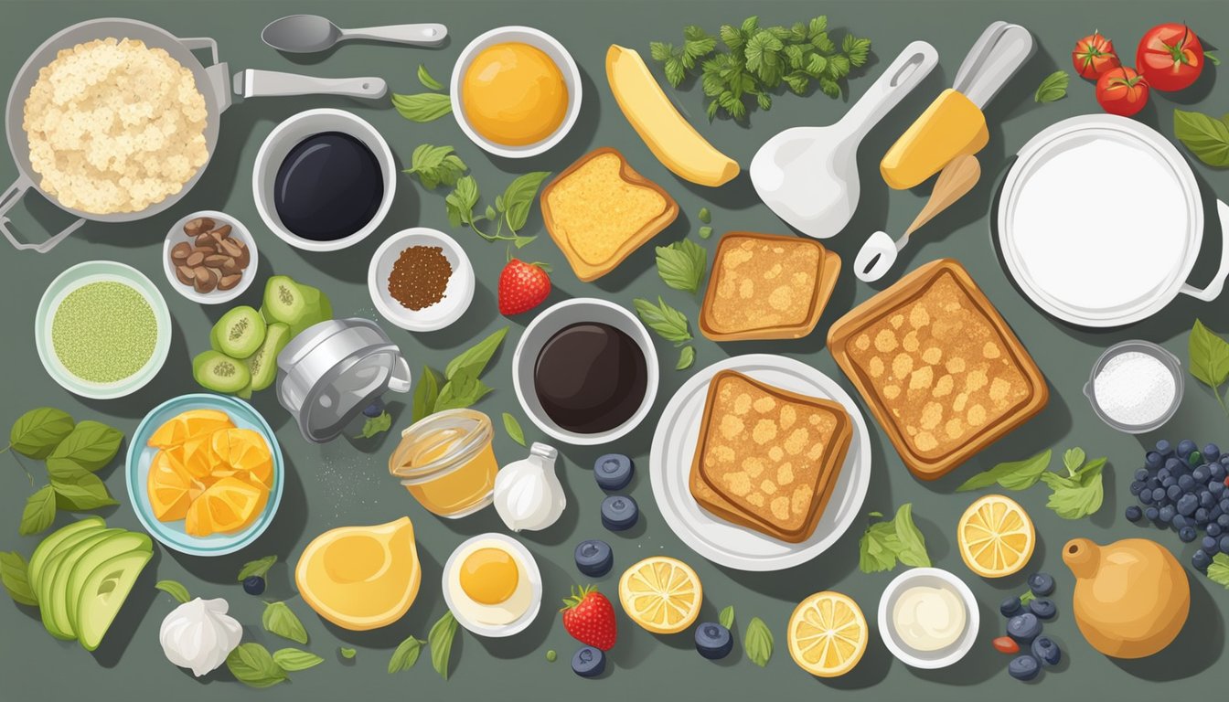 A kitchen counter with a variety of fresh ingredients and cooking utensils for making diabetic-friendly French toast