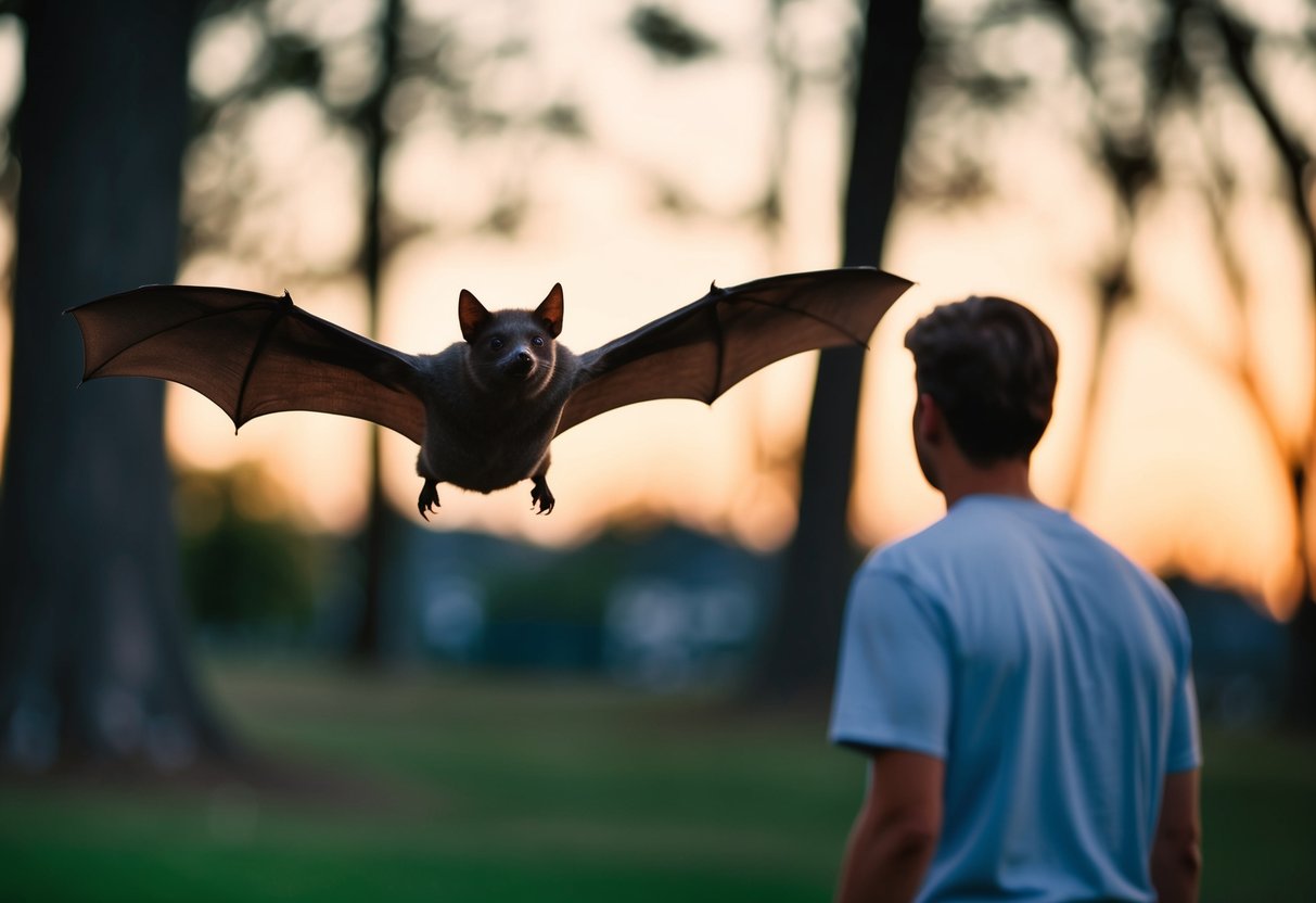 A bat flying away from a person approaching it
