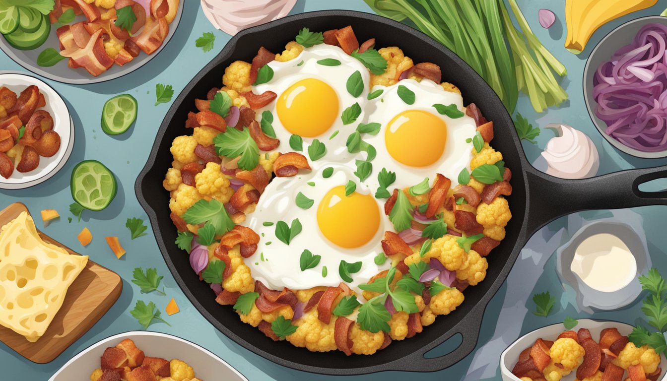 A skillet sizzling with a golden-brown cauliflower bacon breakfast bake, surrounded by colorful, fresh ingredients