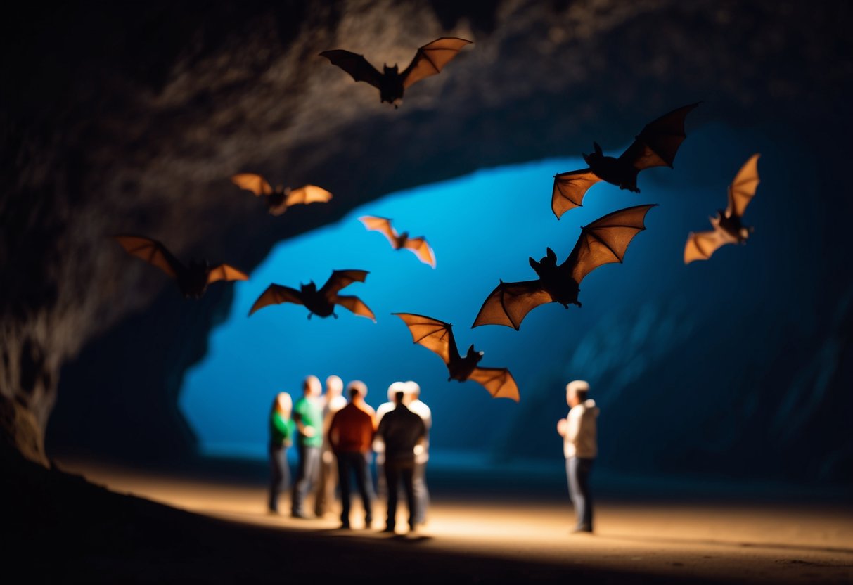A group of bats flying away from a group of humans in a dimly lit cave