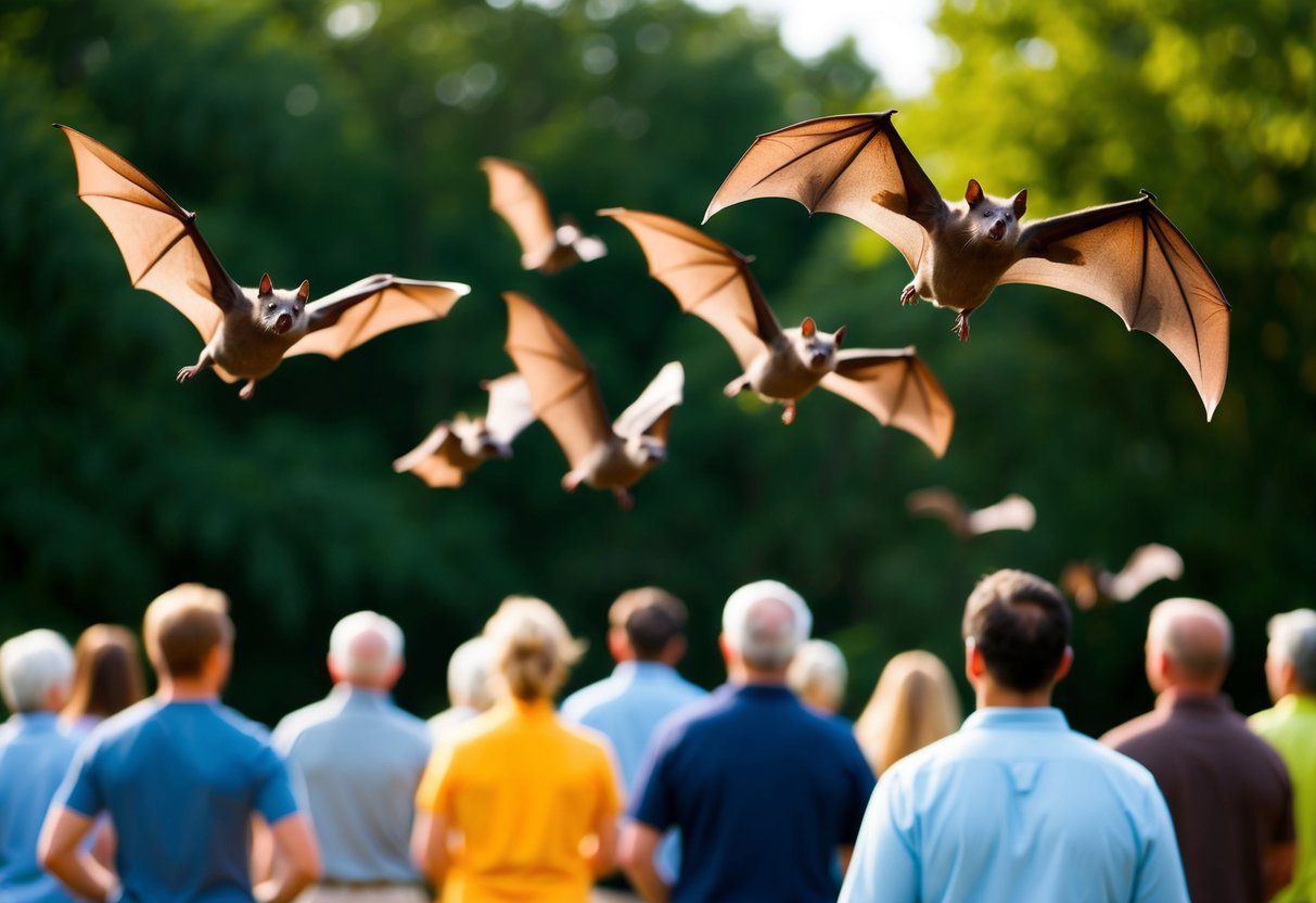 A group of bats flying away from a group of humans, showing fear and avoidance